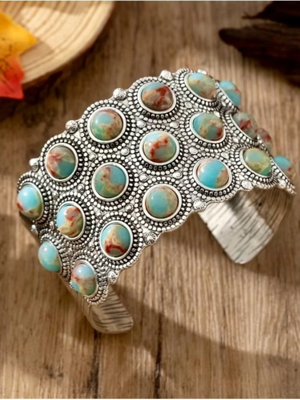 Turquoise Stone Silver-Tone Cuff Bracelet - Women Jewelry - Picture 5 of 5
